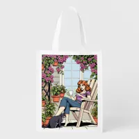 A Women with Coffee, Cat and  Plants Grocery Bag