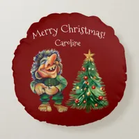 Cheeky Christmas Troll and Tree Delight  Round Pillow