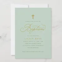 Elegant Baptism Sage Script Cross Invitation