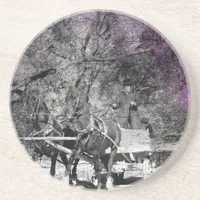 Two Horse Team Black and White With Purple Grunge Sandstone Coaster