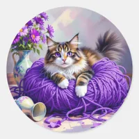 Cute Kitty Cat in Ball of Purple Yarn Classic Round Sticker