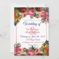 Burgundy Roses Blue Bird Floral Wedding Invitation