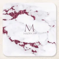 Modern Marble Glitter Monogram Burgundy ID816 Square Paper Coaster