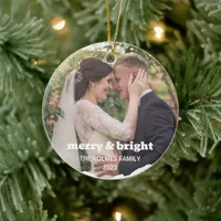 Merry and Bright | Smart Christmas Couple Photo Ceramic Ornament