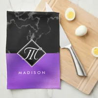 Elegant Black Marble & Purple Foil Monogram Kitchen Towel