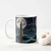 Lighthouse lit via moonlight on a clear night coffee mug