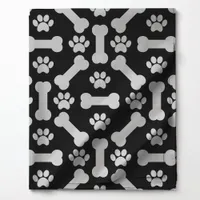 Black and White Dog Bones and Paw Prints Pattern Fabric