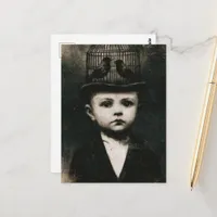 Surreal Black and White Caged Bird Hat Child Postcard