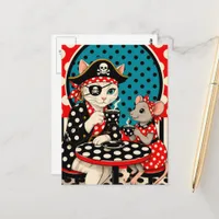 Adorable Pirate Cat and Mouse Coffee Polka Dots Postcard