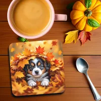 Cute Puppy Dog in Fall Leaves Beverage Coaster