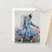  an astronaut in a blue dress walking in poppies postcard