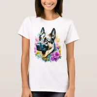 German Shepherd in Pink and Yellow Flowers T-Shirt