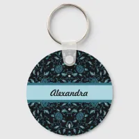 Elegant Flowery Black and Teal Damask Keychain