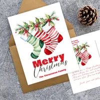 Festive Striped Stockings with Greenery Christmas Holiday Postcard