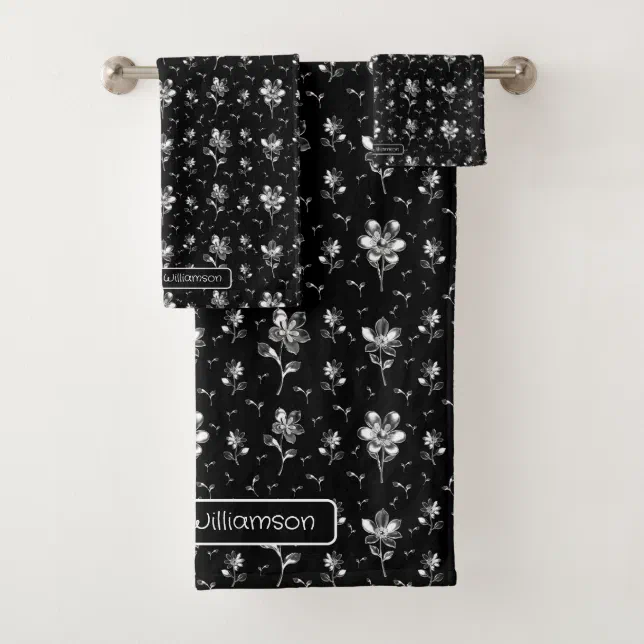 Black And Silver Floral Personalized Bath Towel Set