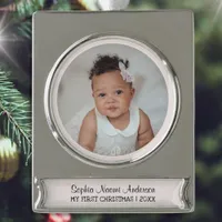 My First Christmas Custom Photo Name Cute Pink Silver Plated Banner Ornament