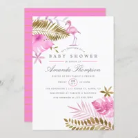 Pink and Gold Tropical Flamingo Girl Baby Shower Invitation