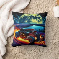 Hot rod cruising by the moonlit lake at night throw pillow