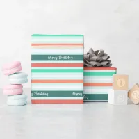 Happy Birthday Modern Peach Aqua Stripe Patterned Wrapping Paper