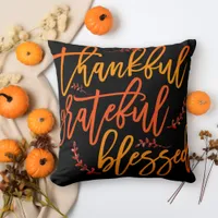 Elegant Thankful Grateful Blessed Typography Black Throw Pillow