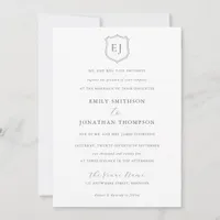 Crest Monogram Initials Grey Text Formal Wedding Invitation