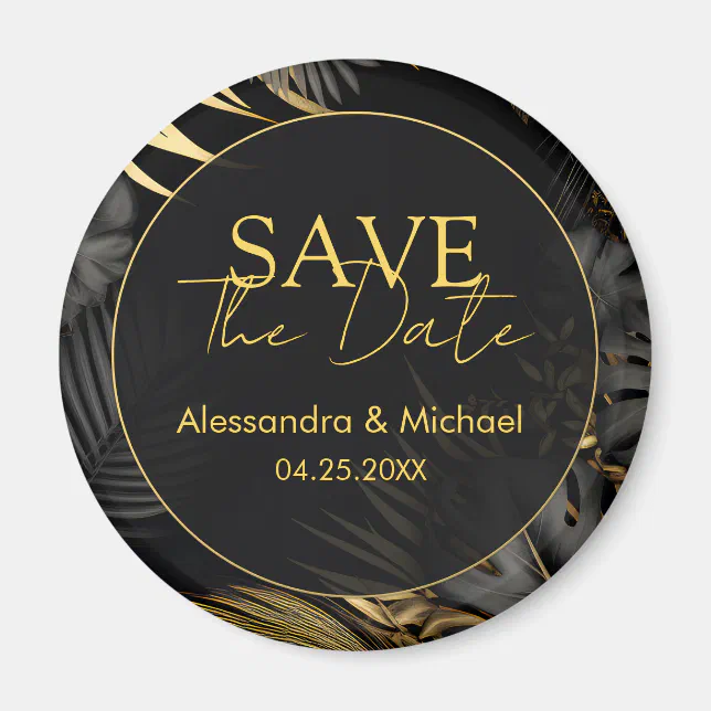 Modern Black Gold Tropical Wedding Save The Date Magnet