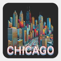 Pop art Comic Book Art Chicago Illinois Skyline Square Sticker