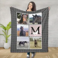 Black White Monogram Horse Photo  Fleece Blanket