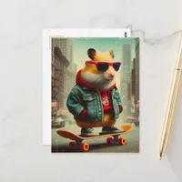 A Skateboarding Punk Hamster in the City Retro  Postcard