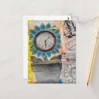 The Flower Clock Plans Mixed Media Collage Postcard