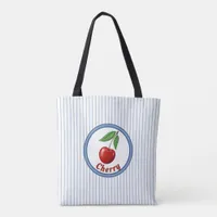 Cute Red Cherry and Blue Stripes Personalized Tote Bag