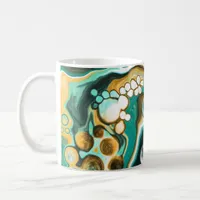Teal, Turquoise, Gold, White Fluid Art Coffee Mug