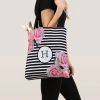 Pink roses flowers black white stripes monogram tote bag