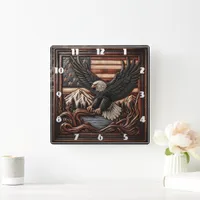 Eagle Relief Carving With American Flag Background Square Wall Clock