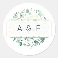 Pastel Eucalyptus Geometric Wedding Monogram Classic Round Sticker