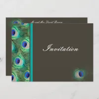 elegant peacock mocha blue wedding invitation