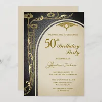 Elegant Art Nouveau Black & Gold Floral Birthday Invitation