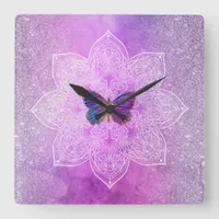 *~* Glitter Watercolor Yoga Butterfly Mandala Square Wall Clock
