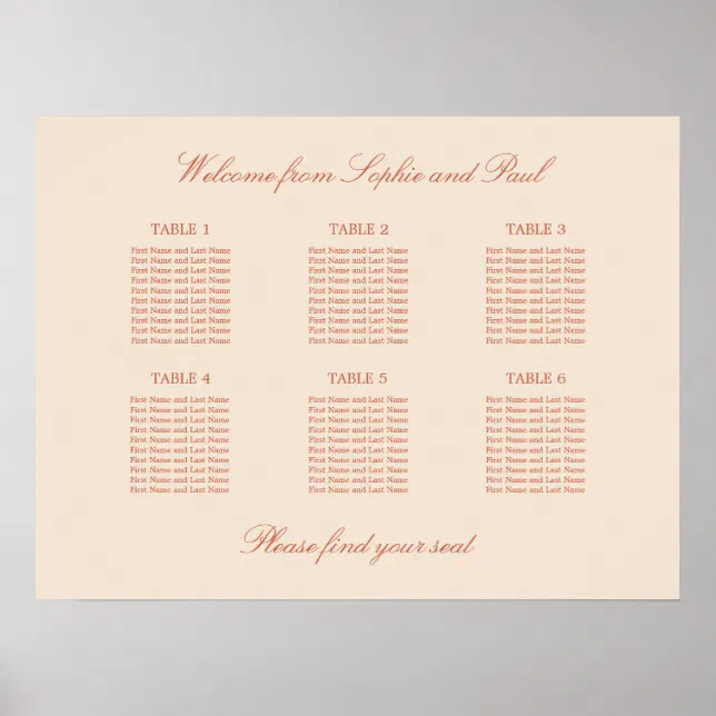 Terracotta Script 6 Table Wedding Seating Poster