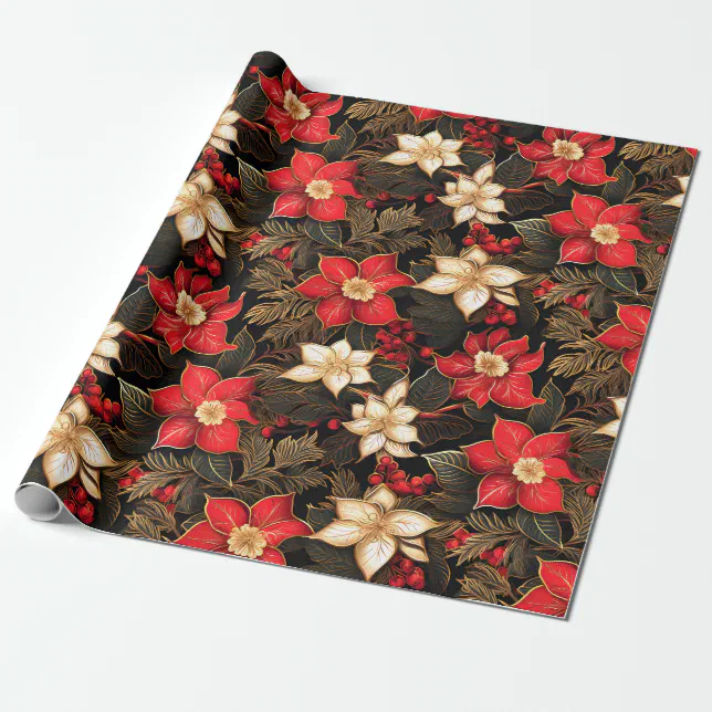 Poinsettia Flower in Black Red Gold | Christmas  Wrapping Paper