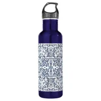 Blue Fancy Floral Graphic Pattern Stainless Steel Water Bottle