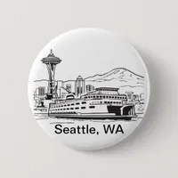 Seattle Ferry & Skyline Line Art Washington State Pinback Button
