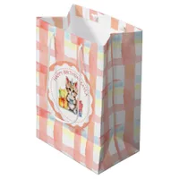 Cute Kitten Coral Plaid Personalized Birthday  Medium Gift Bag