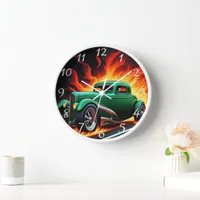 Classic hot rod with fiery flames on a dark road clock