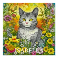 Personalized Whimsical Cat and Flowers Poster