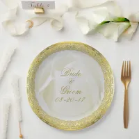 Gold Lace White Abstract Rose Wedding Paper Plates