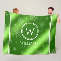 Festive Green Foil Snowflakes Monogram Name Fleece Blanket