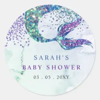 Purple Glitter Mermaid Baby Shower  Classic Round Sticker