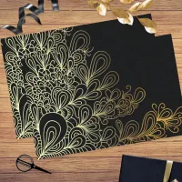 Abstract Artistic Gold Line Art Doodles on Black Tissue Paper