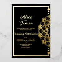 Mandala Bead Frame Elegant Black Gold Foil Wedding Invitation